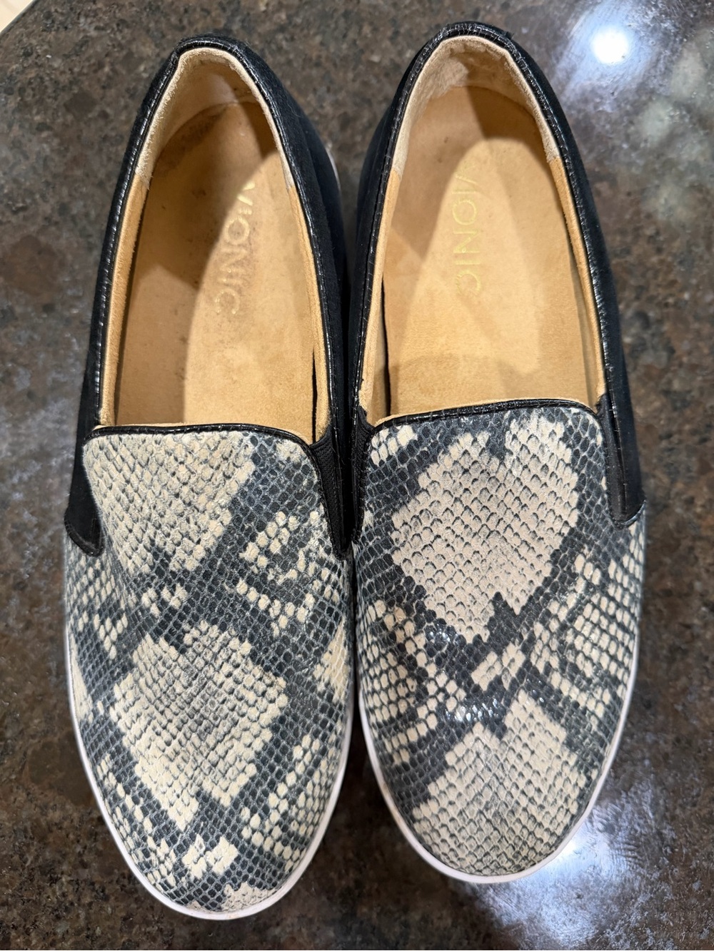 Vionic Slip-On Sneakers in Black and Beige Snake Print
